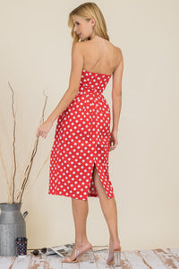 Le' Juliet Strapless Red & White Polka Dot Midi Dress
