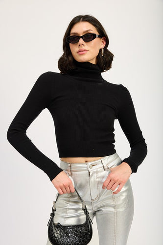 Black Knit Turtleneck Long Sleeve Crop Top