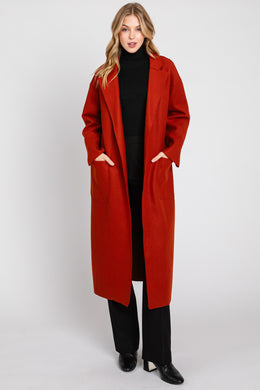 Stylish Winter Belted Red Chic Lapel Wool Long Trench Coat