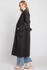 Stylish Winter Belted Blue Chic Lapel Wool Long Trench Coat