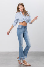 Load image into Gallery viewer, Blue Denim Mid Rise Long Bottom Frayed Flare Jeans