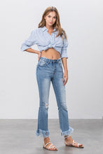 Load image into Gallery viewer, Blue Denim Mid Rise Long Bottom Frayed Flare Jeans