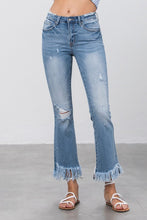 Load image into Gallery viewer, Blue Denim Mid Rise Long Bottom Frayed Flare Jeans