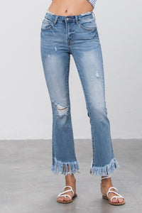 Blue Denim Mid Rise Long Bottom Frayed Flare Jeans