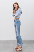 Load image into Gallery viewer, Blue Denim Mid Rise Long Bottom Frayed Flare Jeans