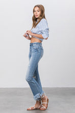 Load image into Gallery viewer, Blue Denim Mid Rise Long Bottom Frayed Flare Jeans