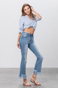 Blue Denim Mid Rise Long Bottom Frayed Flare Jeans