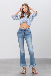 Blue Denim Mid Rise Long Bottom Frayed Flare Jeans