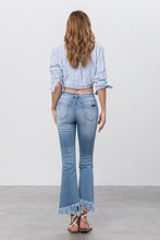 Load image into Gallery viewer, Blue Denim Mid Rise Long Bottom Frayed Flare Jeans