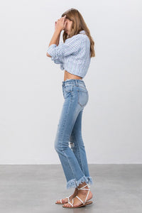 Blue Denim Mid Rise Long Bottom Frayed Flare Jeans