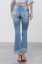 Load image into Gallery viewer, Blue Denim Mid Rise Long Bottom Frayed Flare Jeans