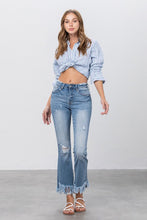 Load image into Gallery viewer, Blue Denim Mid Rise Long Bottom Frayed Flare Jeans