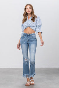 Blue Denim Mid Rise Long Bottom Frayed Flare Jeans