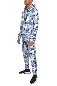 Men's Gray Long Sleeve Camo Hoodie Sweatsuit Set