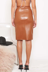 Audrey Caramel Brown Faux Leather Pencil Skirt