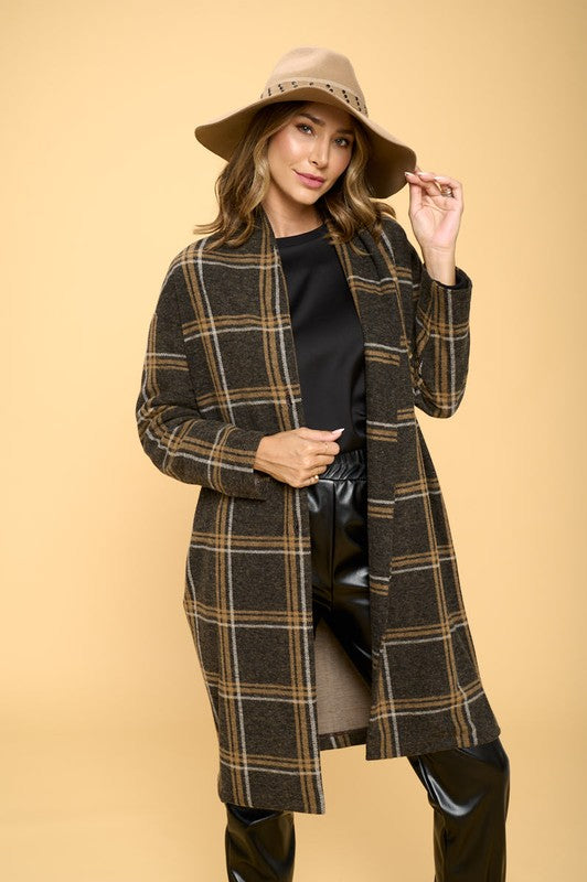 Warm Plaid Charcoal Pattern Long Sleeve Coat