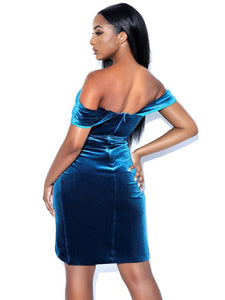 Luxurious Velvet Teal Blue Off Shoulder Draped Midi Dress