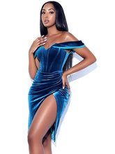 Load image into Gallery viewer, Luxurious Velvet Teal Blue Off Shoulder Draped Midi Dress