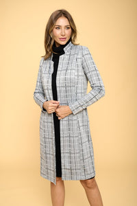 Luxe Plaid Grey Long Sleeve Open Coat