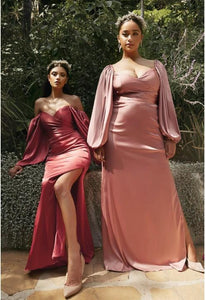 Beautiful Champagne Pink Charmeuse Off Shoulder Long Sleeve Soft Satin Gown