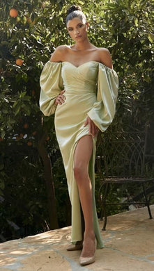 Beautiful Sage Green Charmeuse Off Shoulder Long Sleeve Soft Satin Gown