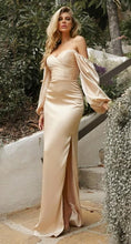 Load image into Gallery viewer, Beautiful Champagne Pink Charmeuse Off Shoulder Long Sleeve Soft Satin Gown