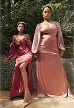 Load image into Gallery viewer, Beautiful Cranberry Pink Charmeuse Off Shoulder Long Sleeve Soft Satin Gown