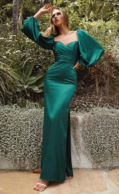 Beautiful Emerald Green Charmeuse Off Shoulder Long Sleeve Soft Satin Gown