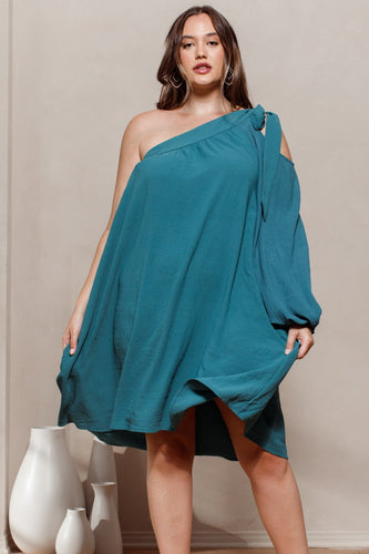 Plus Size One Shoulder Turquoise Blue Mini Dress