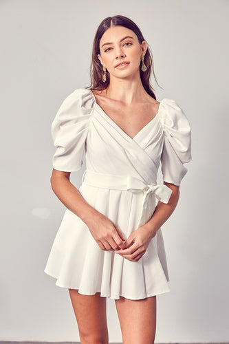 White Wrap Front Side Tie Puff Sleeve Romper