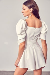 White Wrap Front Side Tie Puff Sleeve Romper