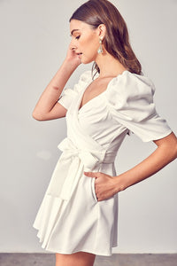 White Wrap Front Side Tie Puff Sleeve Romper