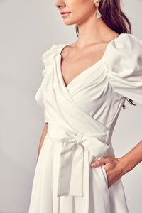 White Wrap Front Side Tie Puff Sleeve Romper