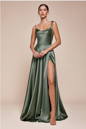 Enchanting Green Stretch Satin Sleeveless Draped Maxi Dress