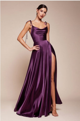 Enchanting Eggplant Stretch Satin Sleeveless Draped Maxi Dress