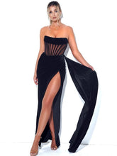 Load image into Gallery viewer, Mesh Black Velvet Draping Corset Strapless High Slit Gown