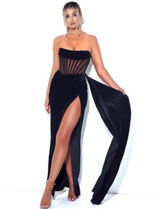 Mesh Black Velvet Draping Corset Strapless High Slit Gown