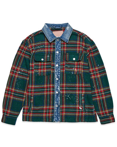 Flannel Green Shacket With Denim Contrast Jacket