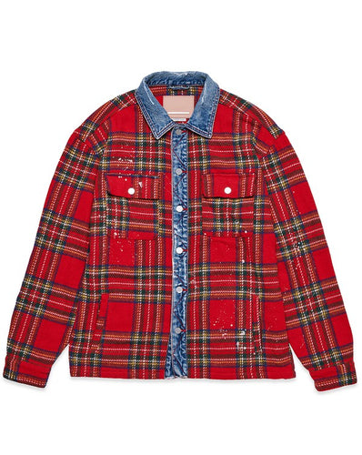 Red Flannel Long Sleeve Shacket With Denim Contrast