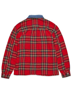 Red Flannel Long Sleeve Shacket With Denim Contrast