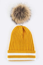 Load image into Gallery viewer, Raccoon Fur PomPom Stripe Hem Beanie