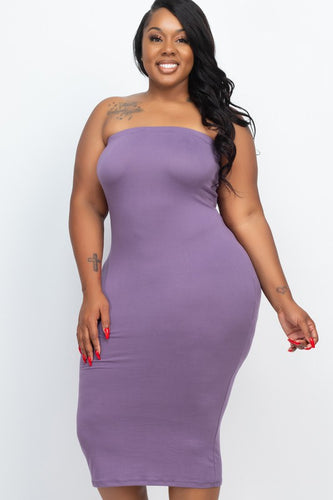 Plus Size Purple Grape Solid Strapless Tube Bodycon Midi Dress