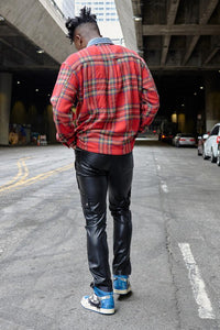 Red Flannel Long Sleeve Shacket With Denim Contrast