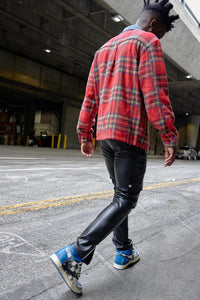 Red Flannel Long Sleeve Shacket With Denim Contrast