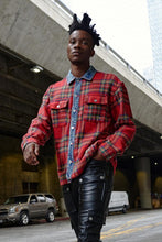 Load image into Gallery viewer, Red Flannel Long Sleeve Shacket With Denim Contrast