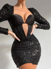 Load image into Gallery viewer, Black Sequin Sweetheart Long Sleeve Sequin Dress
