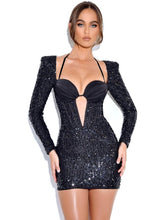 Load image into Gallery viewer, Black Sequin Sweetheart Long Sleeve Sequin Dress