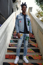 Load image into Gallery viewer, Men&#39;s Blue Varsity Patches Denim Jacket