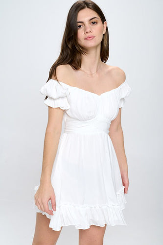 White Off Shoulder Ruffle Mini Dress