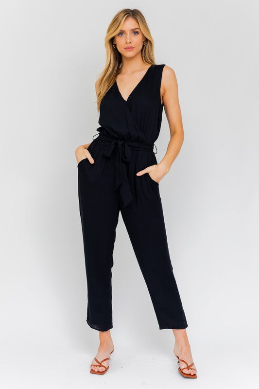 Black Deep V Sleeveless Surplus Jumpsuit